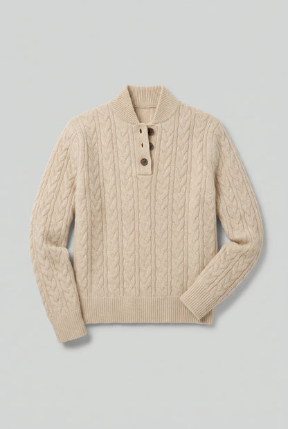 Cable Knit Button-Neck Jumper - Beige