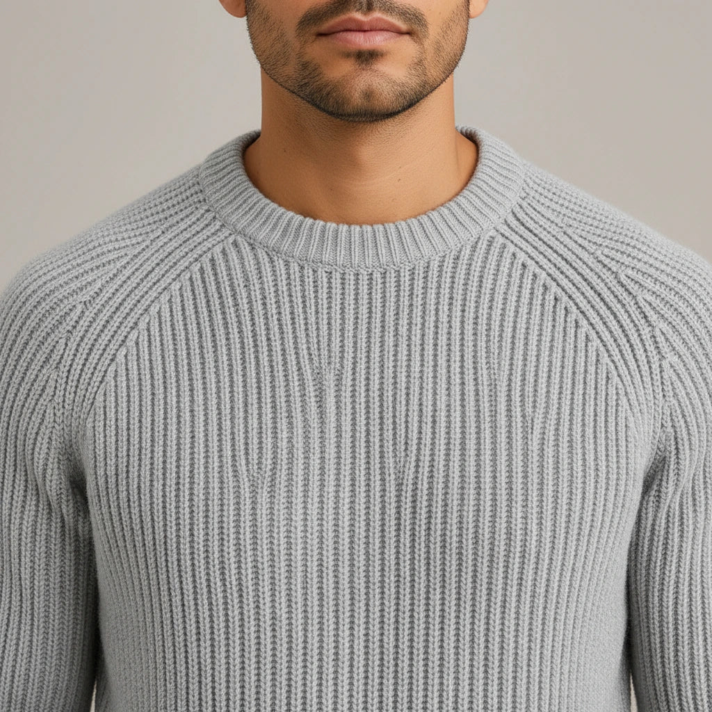 Heavyweight Fisherman Rib Knit Sweater - Grey, fabric detail