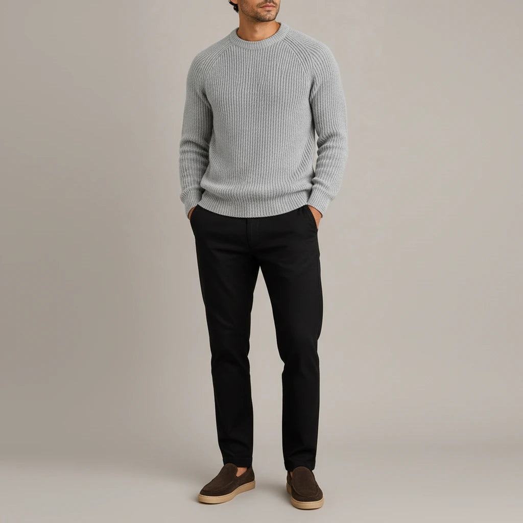 Heavyweight Fisherman Rib Knit Sweater - Grey, waist up