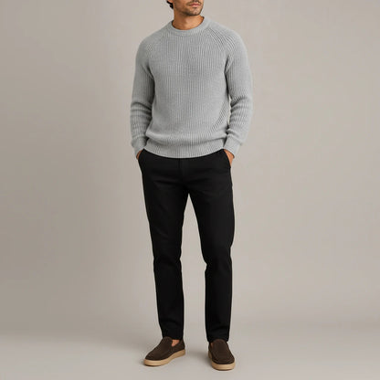 Heavyweight Fisherman Rib Knit Sweater - Grey, waist up