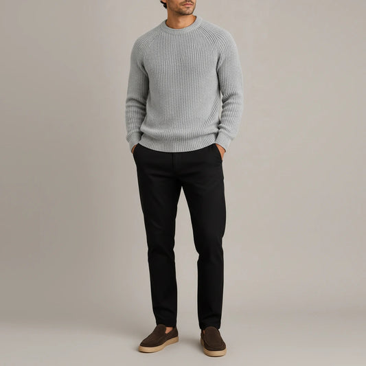 Heavyweight Fisherman Rib Knit Sweater - Grey, waist up