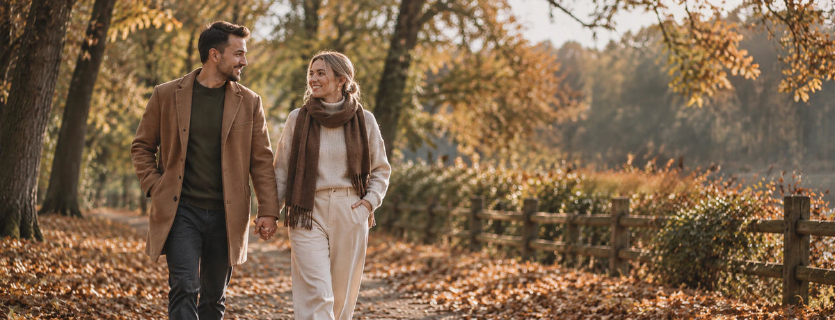 Couple walking on an autumn path, wearing coats and scarves