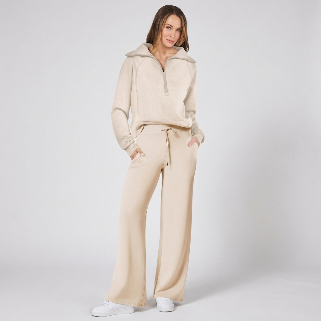 Half-Zip Wide-Leg Lounge Tracksuit in Apricot