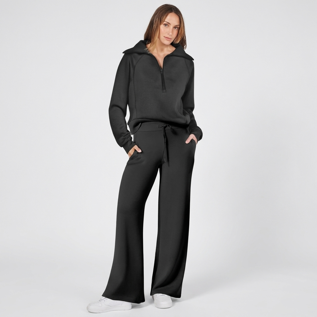 Half-Zip Wide-Leg Lounge Tracksuit in Black