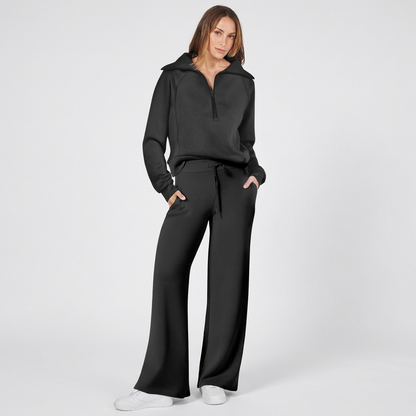 Half-Zip Wide-Leg Lounge Tracksuit in Black