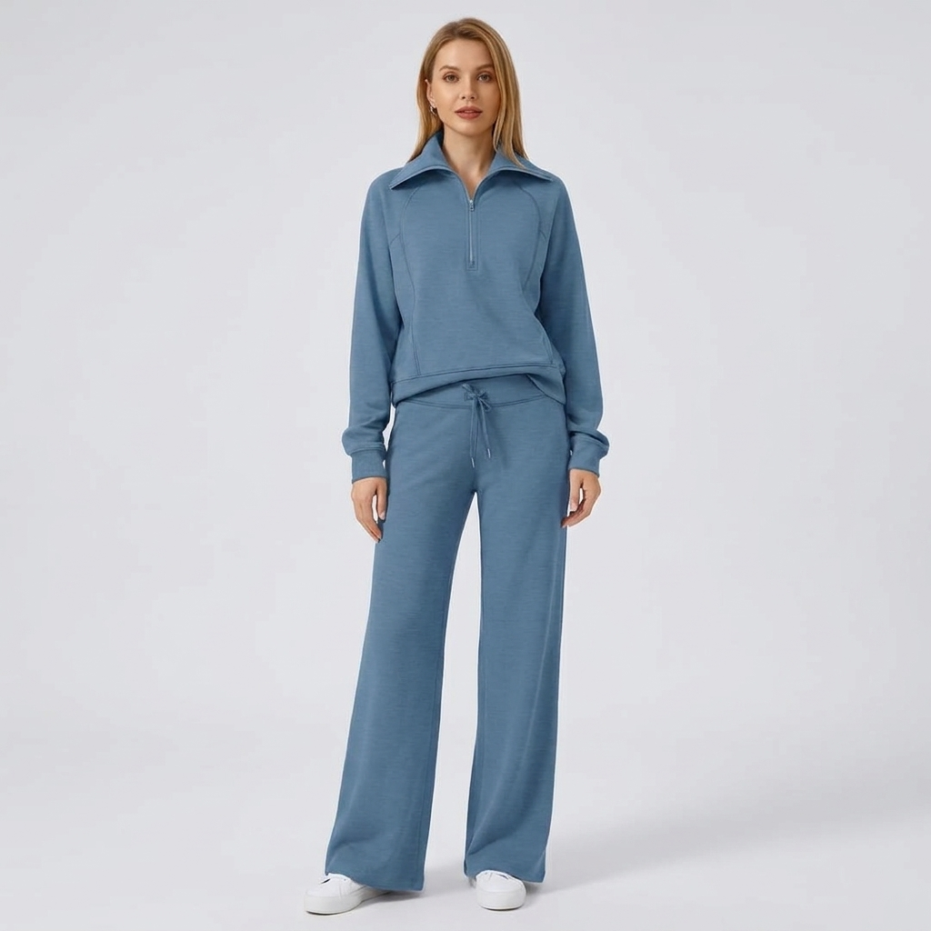 Half-Zip Wide-Leg Lounge Tracksuit in Blue-Gray