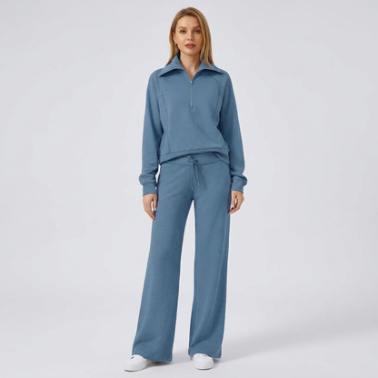 Half-Zip Wide-Leg Lounge Tracksuit in Blue-Gray