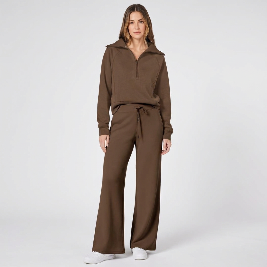 Half-Zip Wide-Leg Lounge Tracksuit in Brown
