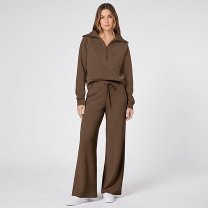 Half-Zip Wide-Leg Lounge Tracksuit in Brown