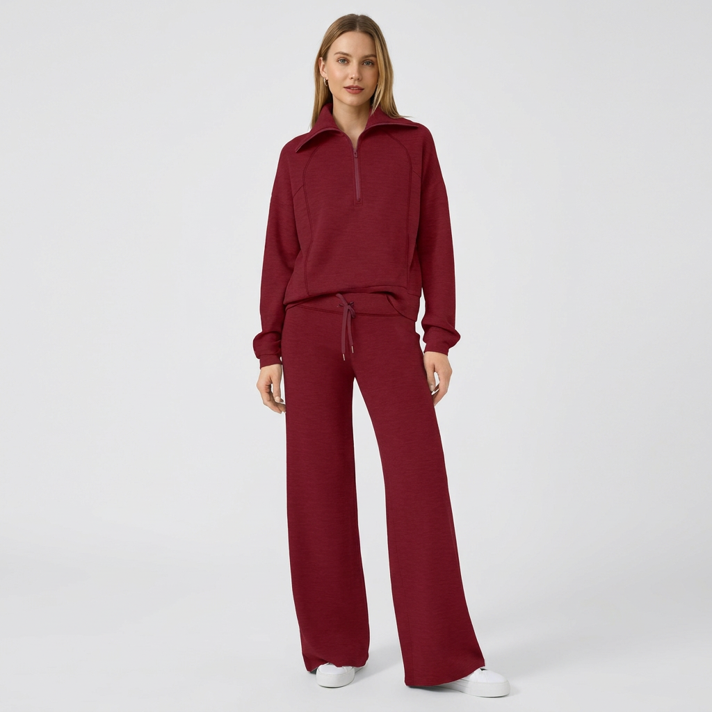 Half-Zip Wide-Leg Lounge Tracksuit in Burgundy