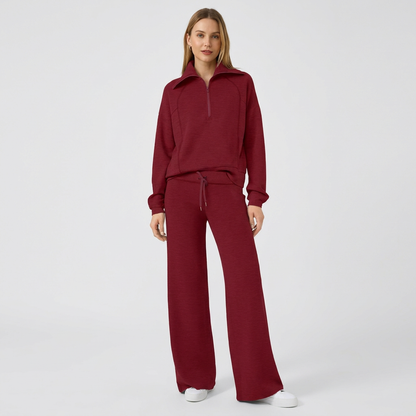 Half-Zip Wide-Leg Lounge Tracksuit in Burgundy