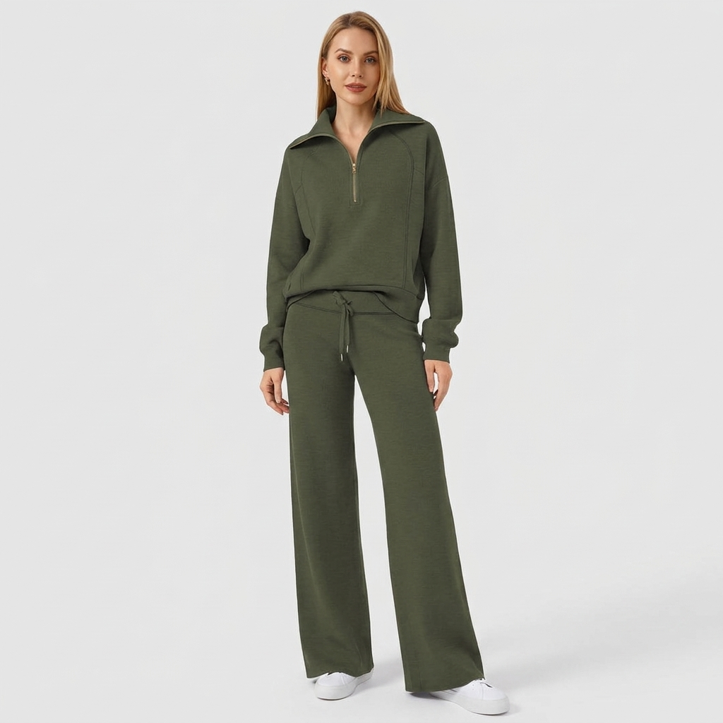 Half-Zip Wide-Leg Lounge Tracksuit in Dark Green