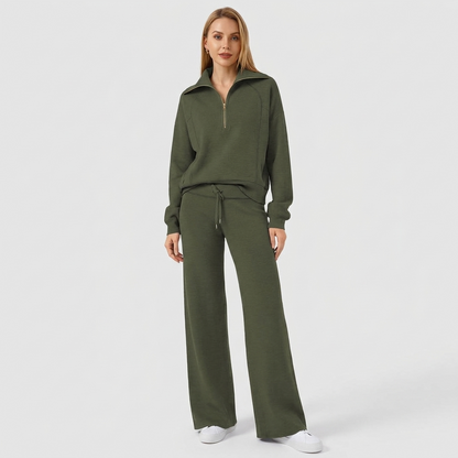 Half-Zip Wide-Leg Lounge Tracksuit in Dark Green
