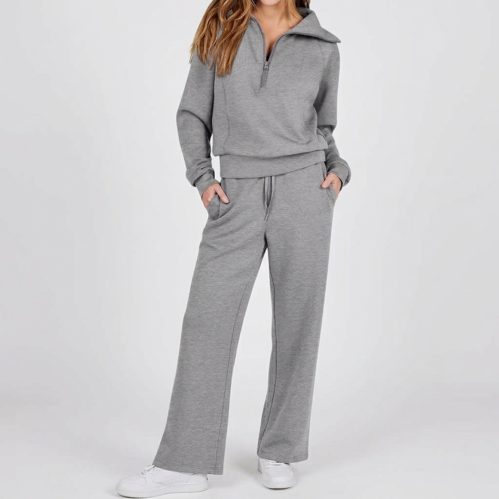Half-Zip Wide-Leg Lounge Tracksuit in Gray