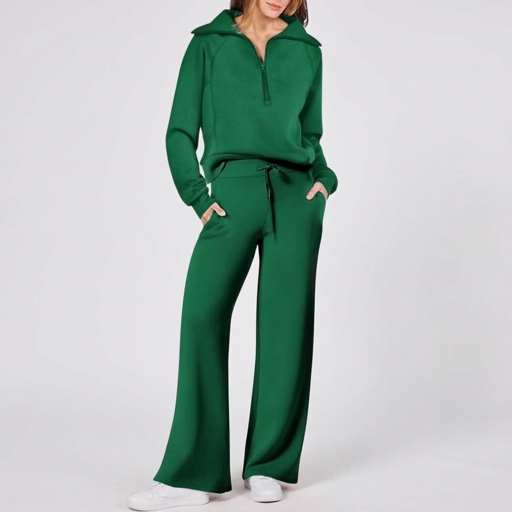 Half-Zip Wide-Leg Lounge Tracksuit in Green