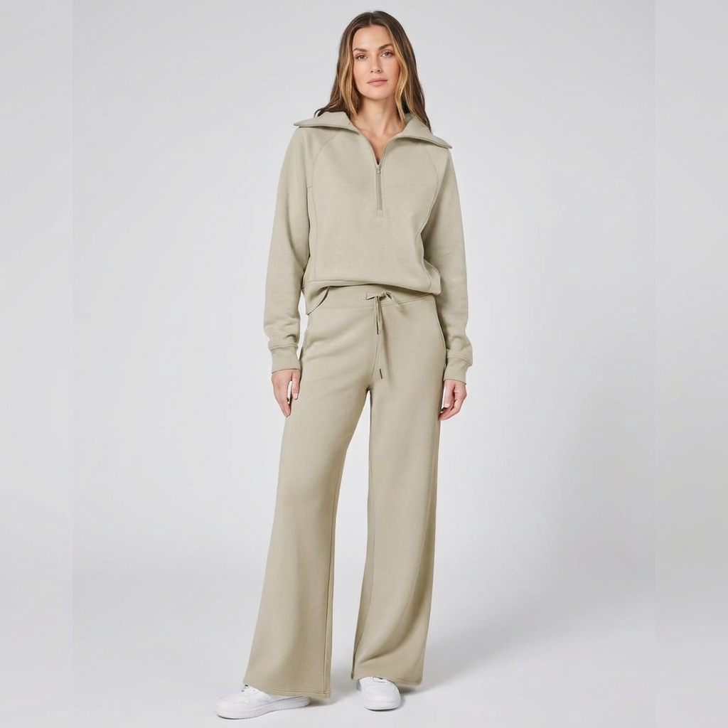 Half-Zip Wide-Leg Lounge Tracksuit in Khaki