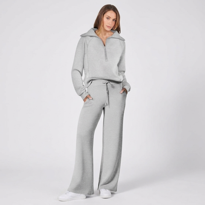 Half-Zip Wide-Leg Lounge Tracksuit in Light Gray