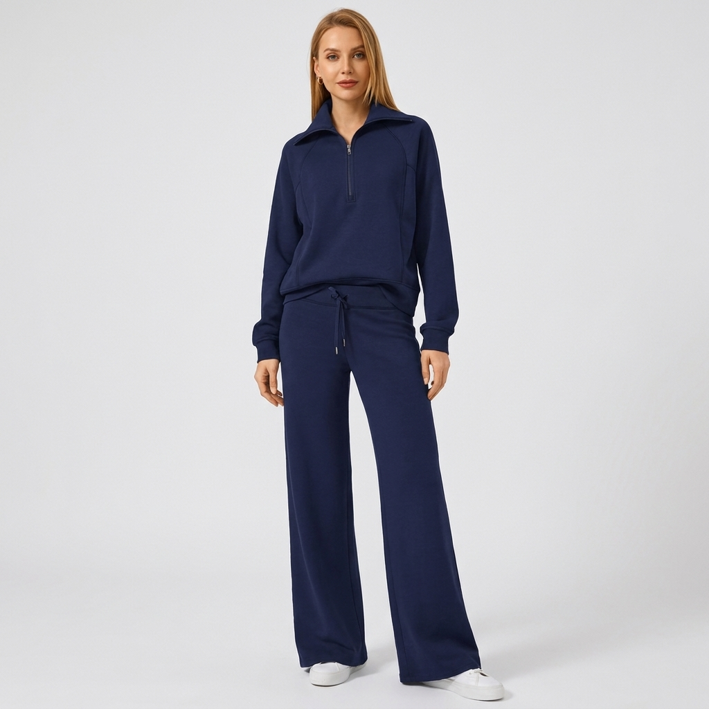 Half-Zip Wide-Leg Lounge Tracksuit in Navy