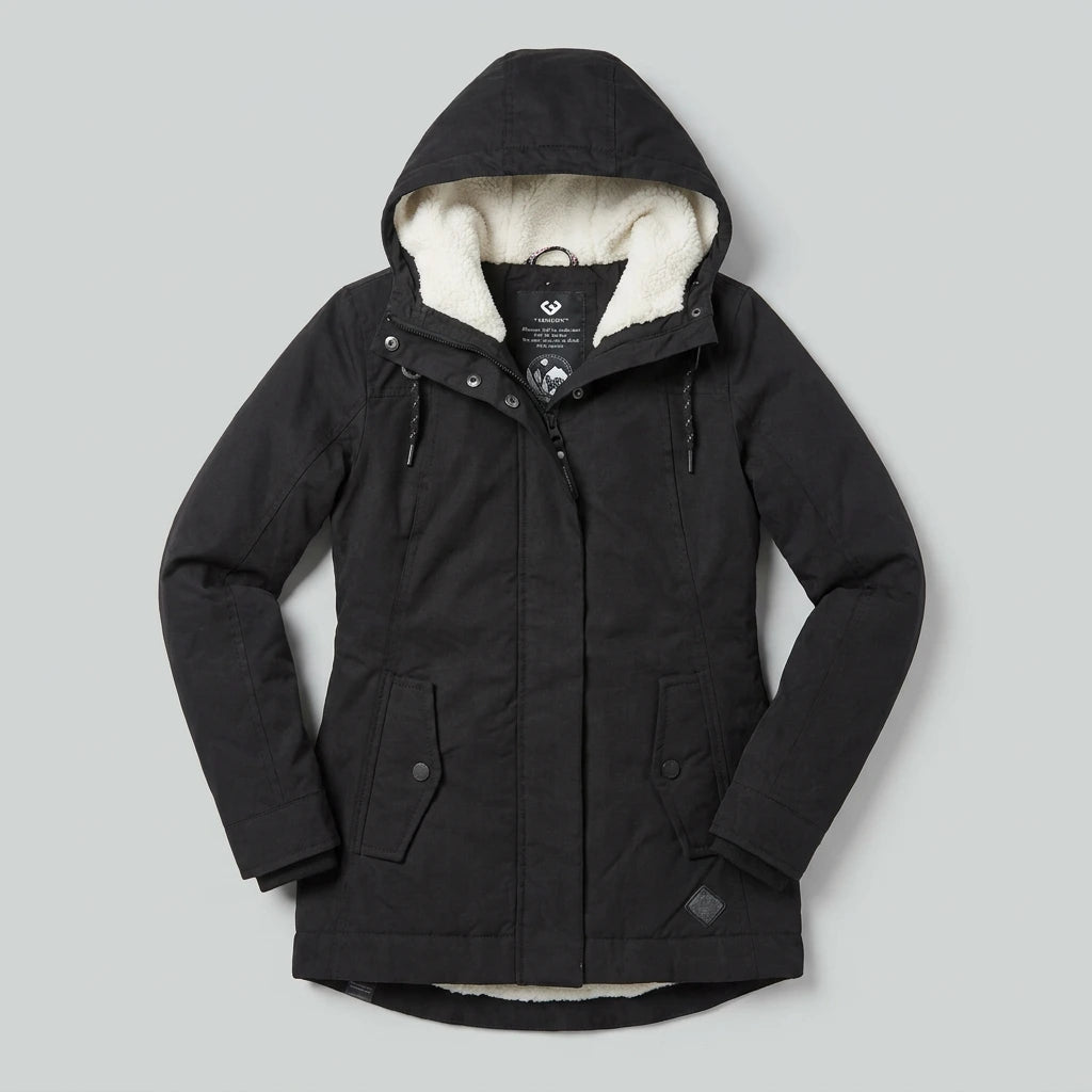 Isla Hooded Pleated Parka Coat in black, flat lay product photo
