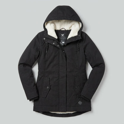 Isla Hooded Pleated Parka Coat in black, flat lay product photo