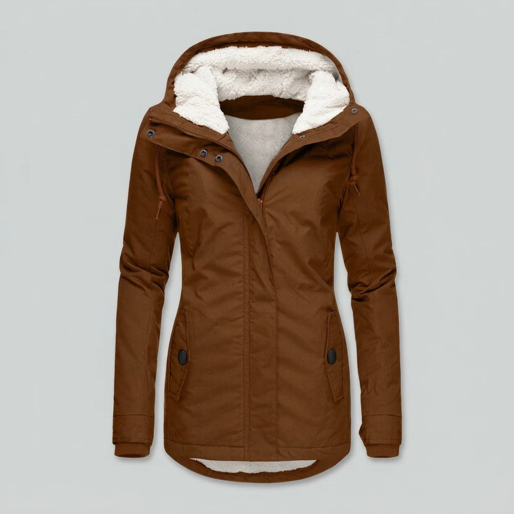 Isla Hooded Pleated Parka Coat in brown, flat lay product photo