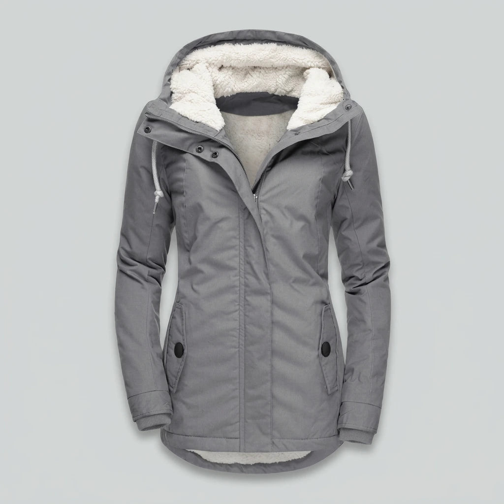 Isla Hooded Pleated Parka Coat in grey, flat lay product photo