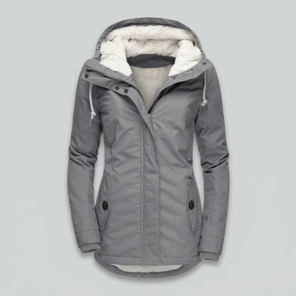 Isla Hooded Pleated Parka Coat in grey, flat lay product photo