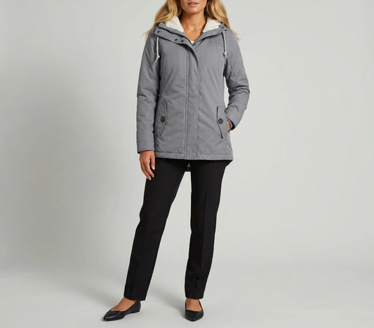 Isla Hooded Pleated Parka Coat in grey, worn on-model, full length front view