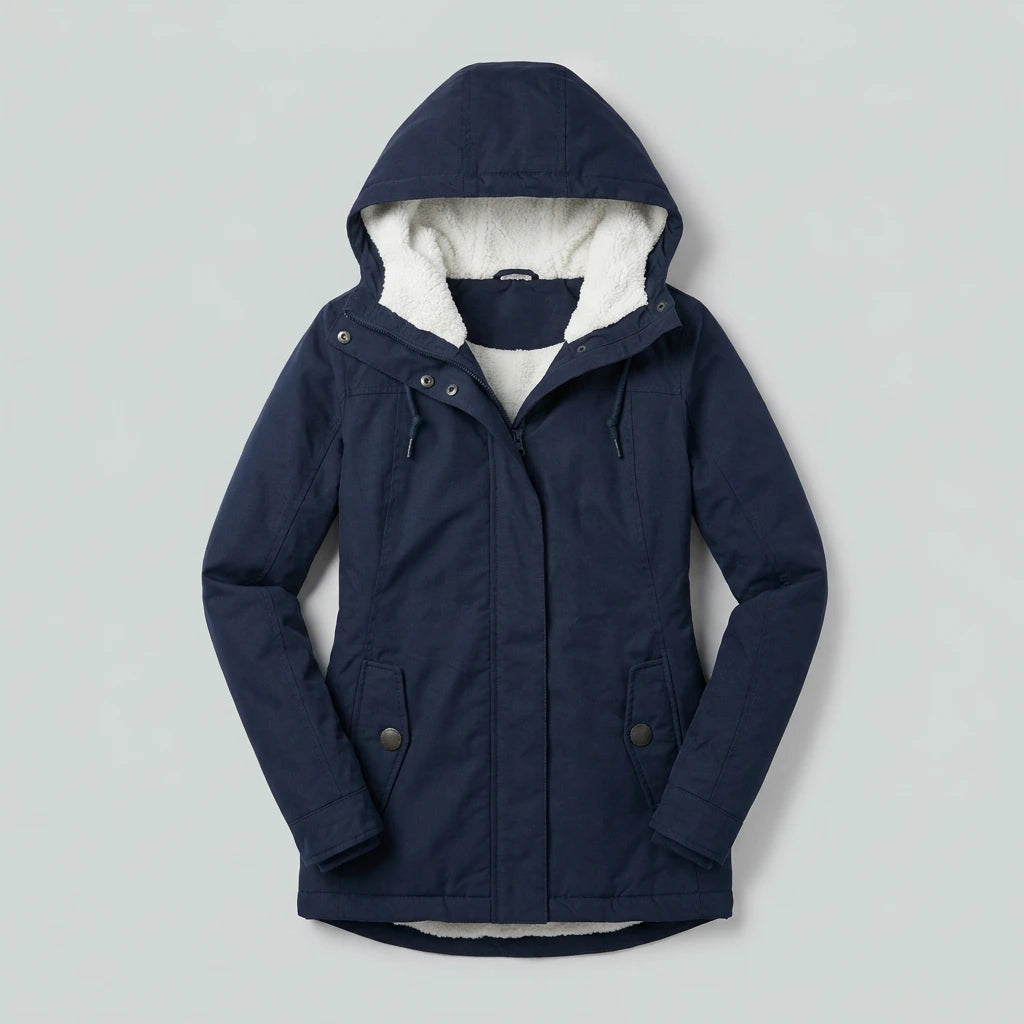 Isla Hooded Pleated Parka Coat in navy, flat lay product photo