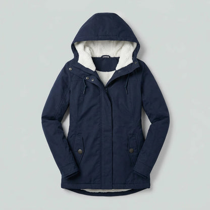 Isla Hooded Pleated Parka Coat in navy, flat lay product photo