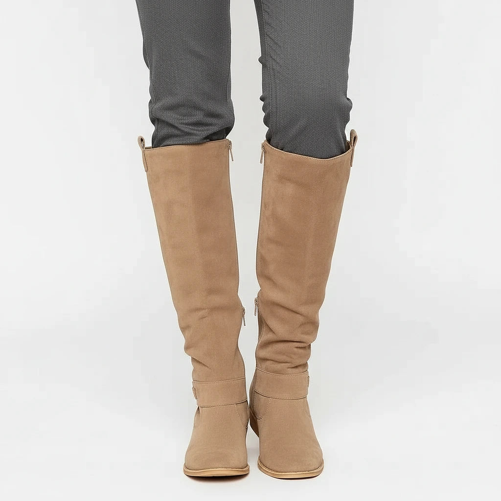 Valelus Ivy Suede Knee-High Boots in Beige, front view on model
