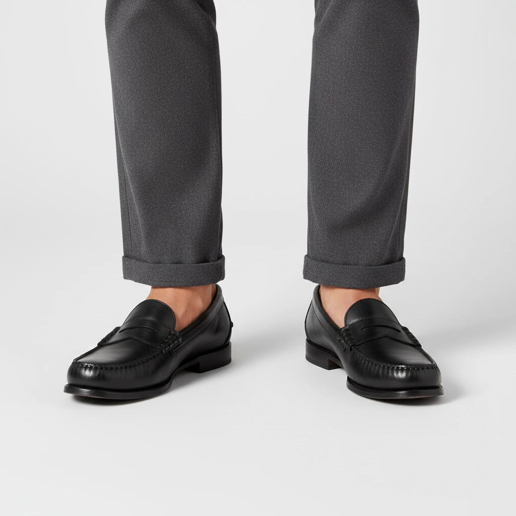 Jasper Classic Leather Penny Loafers - Black - front on-foot
