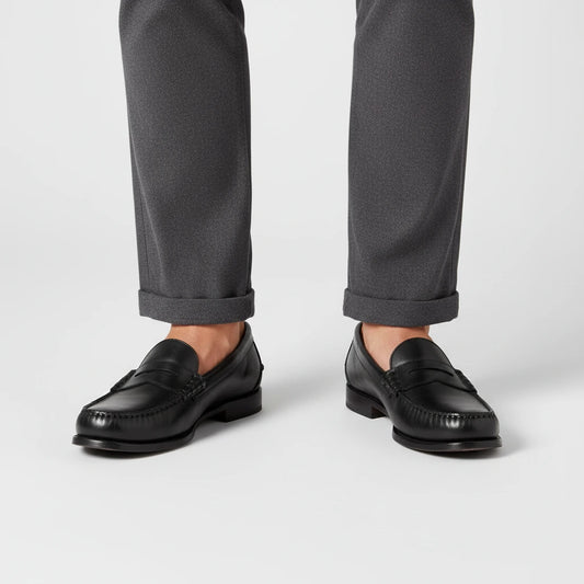 Jasper Classic Leather Penny Loafers - Black - front on-foot