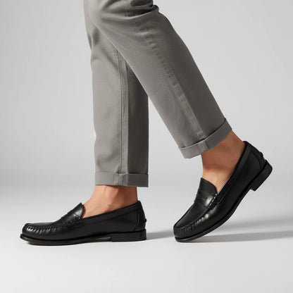 Jasper Classic Leather Penny Loafers - Black - side walking