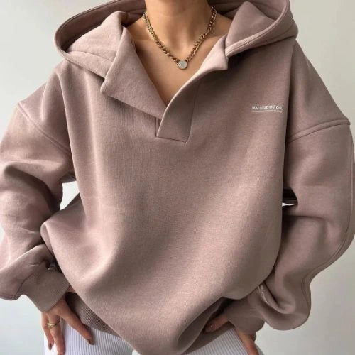 Maren Hooded Popover Sweatshirt - Pink, hood and collar detail