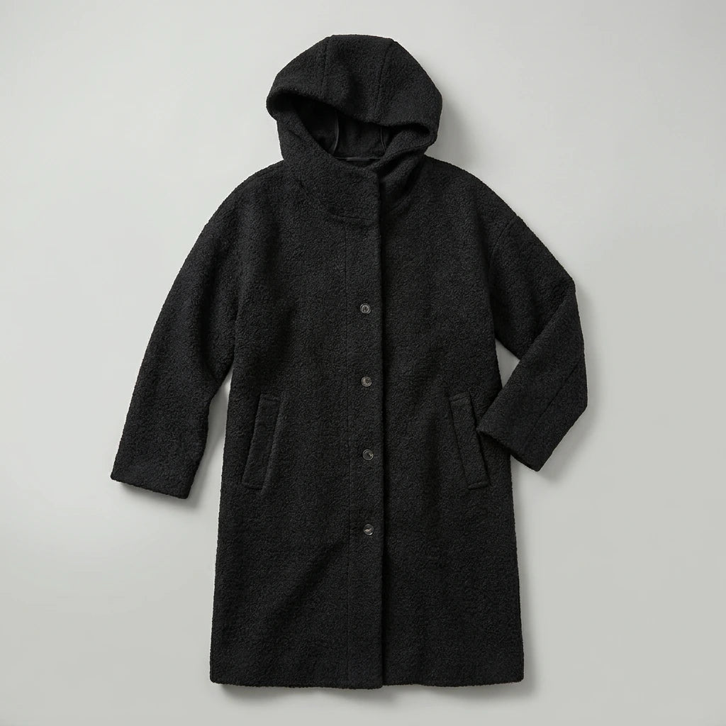 Marlowe Cozy Hooded Boucle Coat - Black
