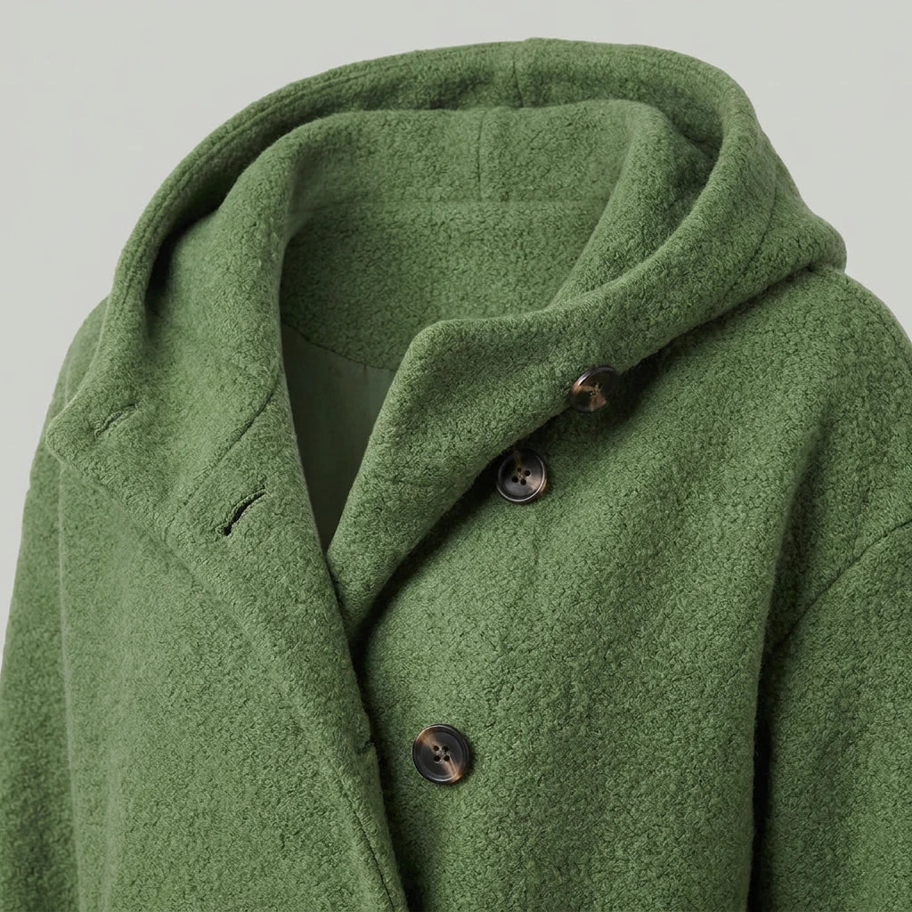Marlowe Cozy Hooded Boucle Coat - Green, hood and button detail