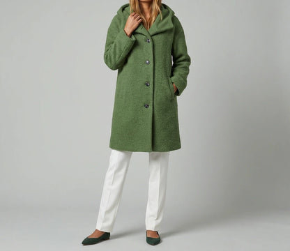 Marlowe Cozy Hooded Boucle Coat - Green, buttoned