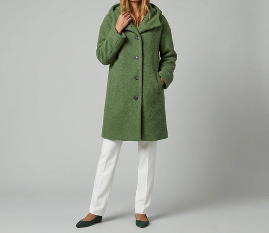 Marlowe Cozy Hooded Boucle Coat - Green, buttoned
