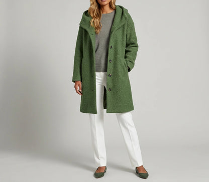 Marlowe Cozy Hooded Boucle Coat - Green, unbuttoned