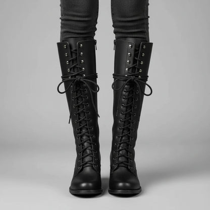 Valelus Mia Studded Lace-Up Knee-High Boots in Black, front view on model