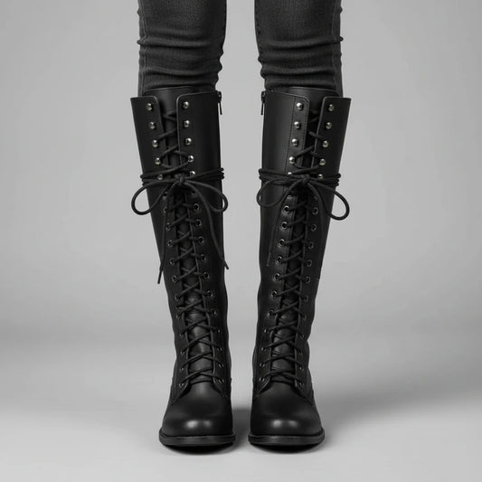 Valelus Mia Studded Lace-Up Knee-High Boots in Black, front view on model
