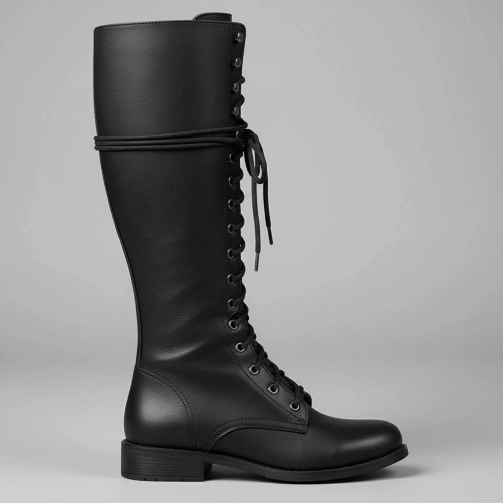 Valelus Mia Studded Lace-Up Knee-High Boots in Black, profile product shot