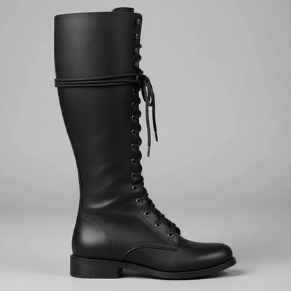 Valelus Mia Studded Lace-Up Knee-High Boots in Black, profile product shot