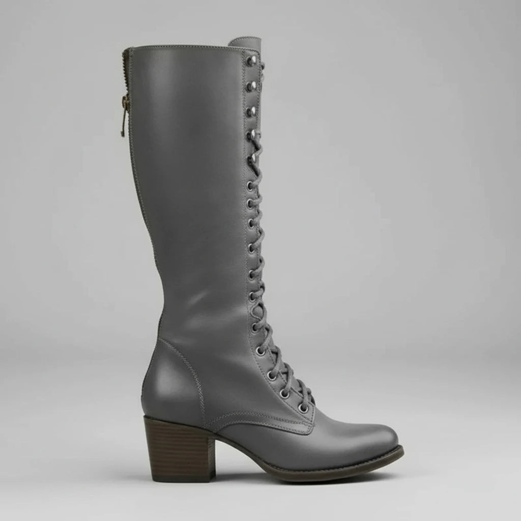 Valelus Mia Studded Lace-Up Knee-High Boots in Grey, profile product shot