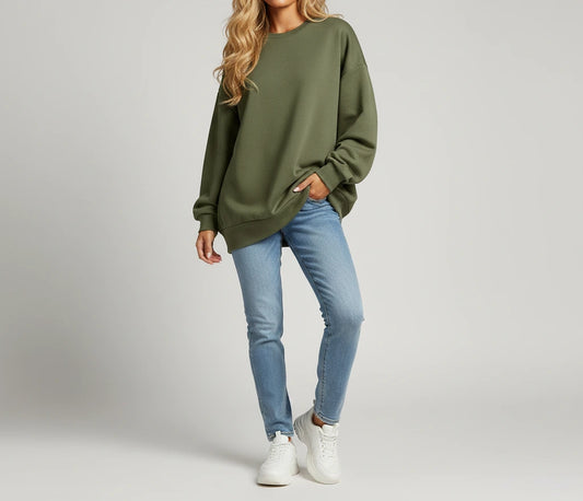 Nora Oversized Textured Sweater in green, worn on-model, full length front view