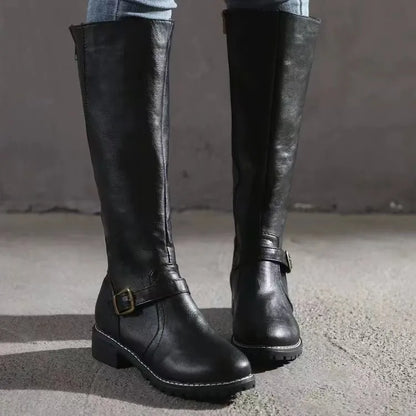 Buckle-Strap Leather Boots with Arch Support - Black