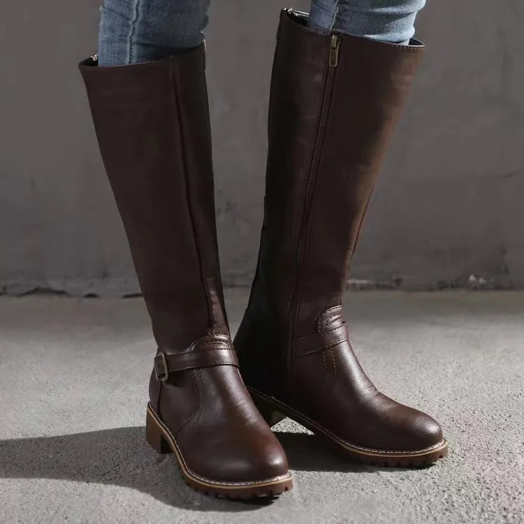 Buckle-Strap Leather Boots with Arch Support - Dark Brown