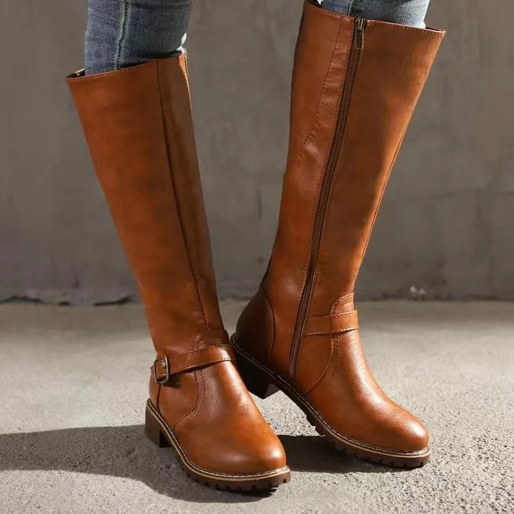 Buckle-Strap Leather Boots with Arch Support - Light Brown
