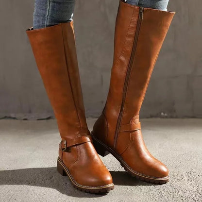 Buckle-Strap Leather Boots with Arch Support - Light Brown